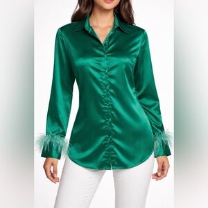 L.I.F.E. Emerald Satin Blouse Feather Cuffs Stretch M(A407)